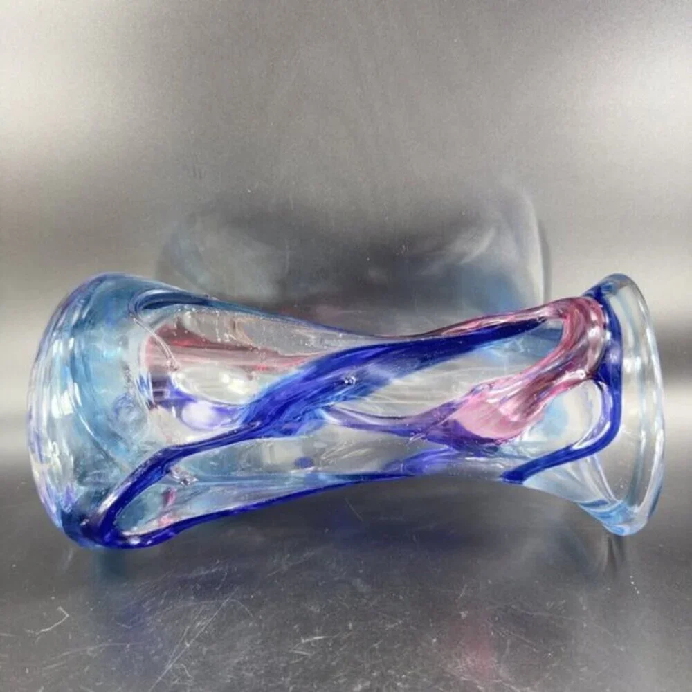 1997 Hand Blown Studio Art Glass Vase‎ Artist Signed JENN Multicolor Threads VTG